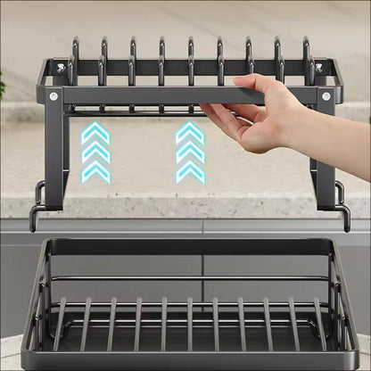 Stainless Steel Dish Drying Rack Adjustable Kitchen Plates Organiser with Drainboard Over Sink Countertop Cutlery Storage Holder