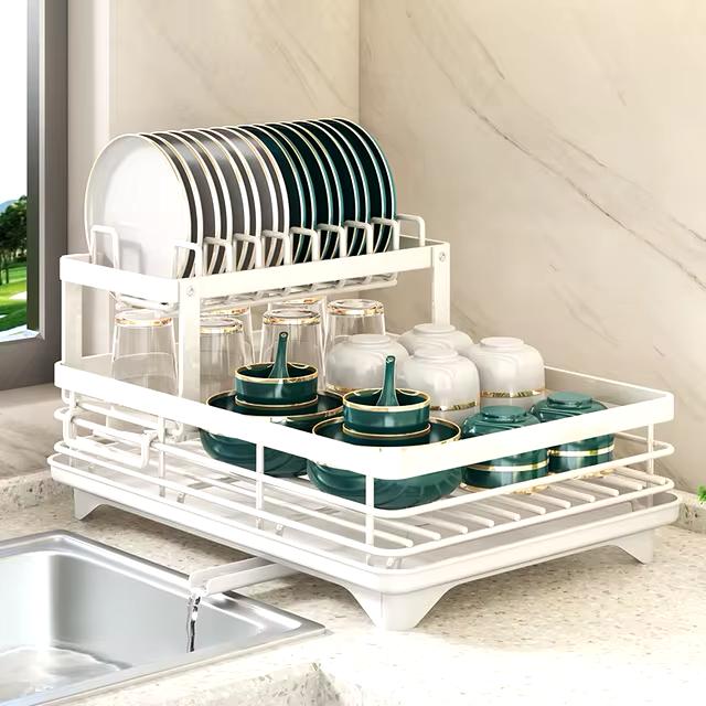 Stainless Steel Dish Drying Rack Adjustable Kitchen Plates Organiser with Drainboard Over Sink Countertop Cutlery Storage Holder