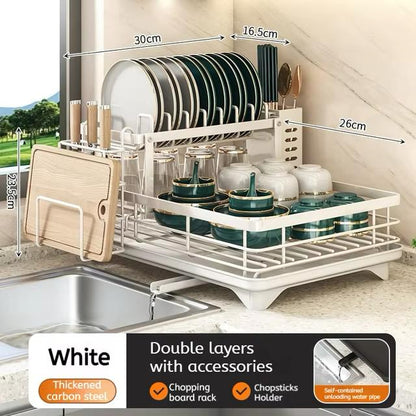 Stainless Steel Dish Drying Rack Adjustable Kitchen Plates Organiser with Drainboard Over Sink Countertop Cutlery Storage Holder