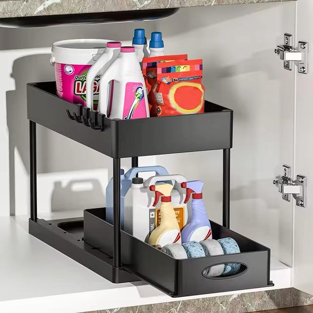 Kitchen Storage Organiser Supplies Under Sink Sliding Drawers Shelves Black Cabinet Basket Rack Bathroom