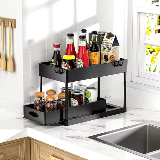 Kitchen Storage Organiser Supplies Under Sink Sliding Drawers Shelves Black Cabinet Basket Rack Bathroom