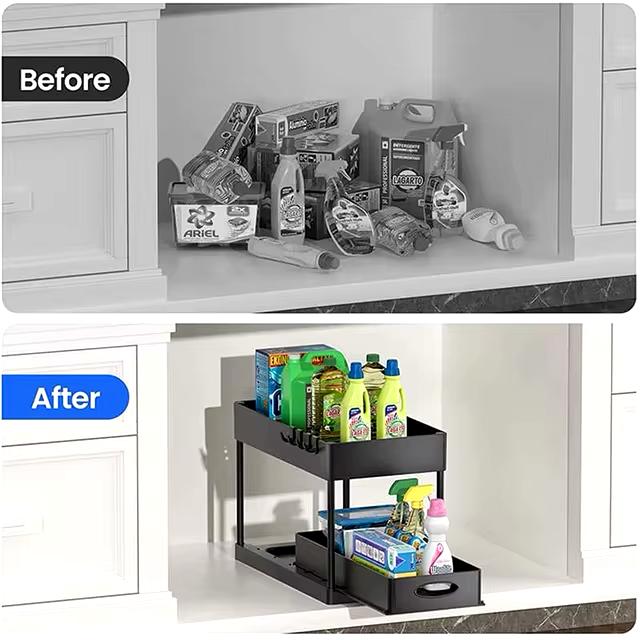 Kitchen Storage Organiser Supplies Under Sink Sliding Drawers Shelves Black Cabinet Basket Rack Bathroom