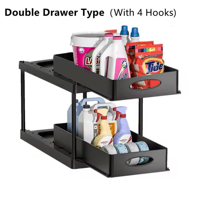 Kitchen Storage Organiser Supplies Under Sink Sliding Drawers Shelves Black Cabinet Basket Rack Bathroom